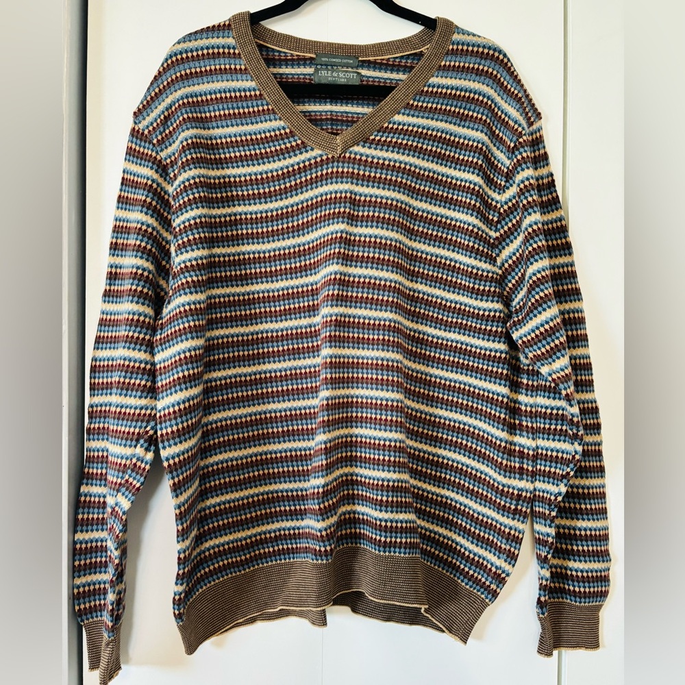 Lyle & Scott Men’s XL V-Neck Striped Cotton Sweater Pullover